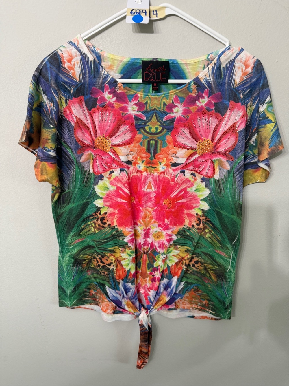 Women’s French Blue Vibrant Floral Tie-Front Short Sleeve Top Size M